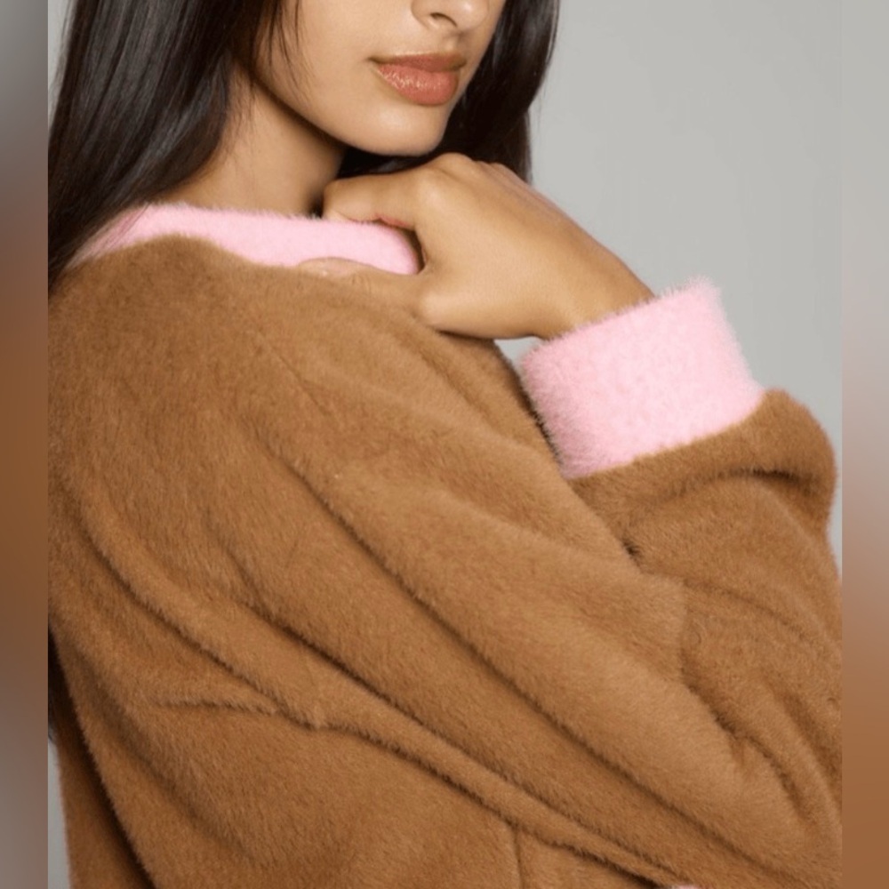 Maeve x Anthropologie Cozy Ringer Brown Pink Fuzzy Oversized Sweater Small - Picture 2 of 8